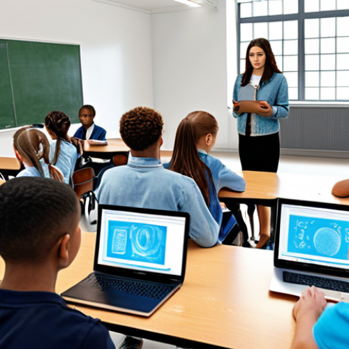 Home 4 ** A split image: On one side, a traditional classroom with students listening to a teacher at a blackboard. On the other side, a diverse group of students learning on laptops and tablets in a modern, bright space, with a holographic teacher visible in the background.
**