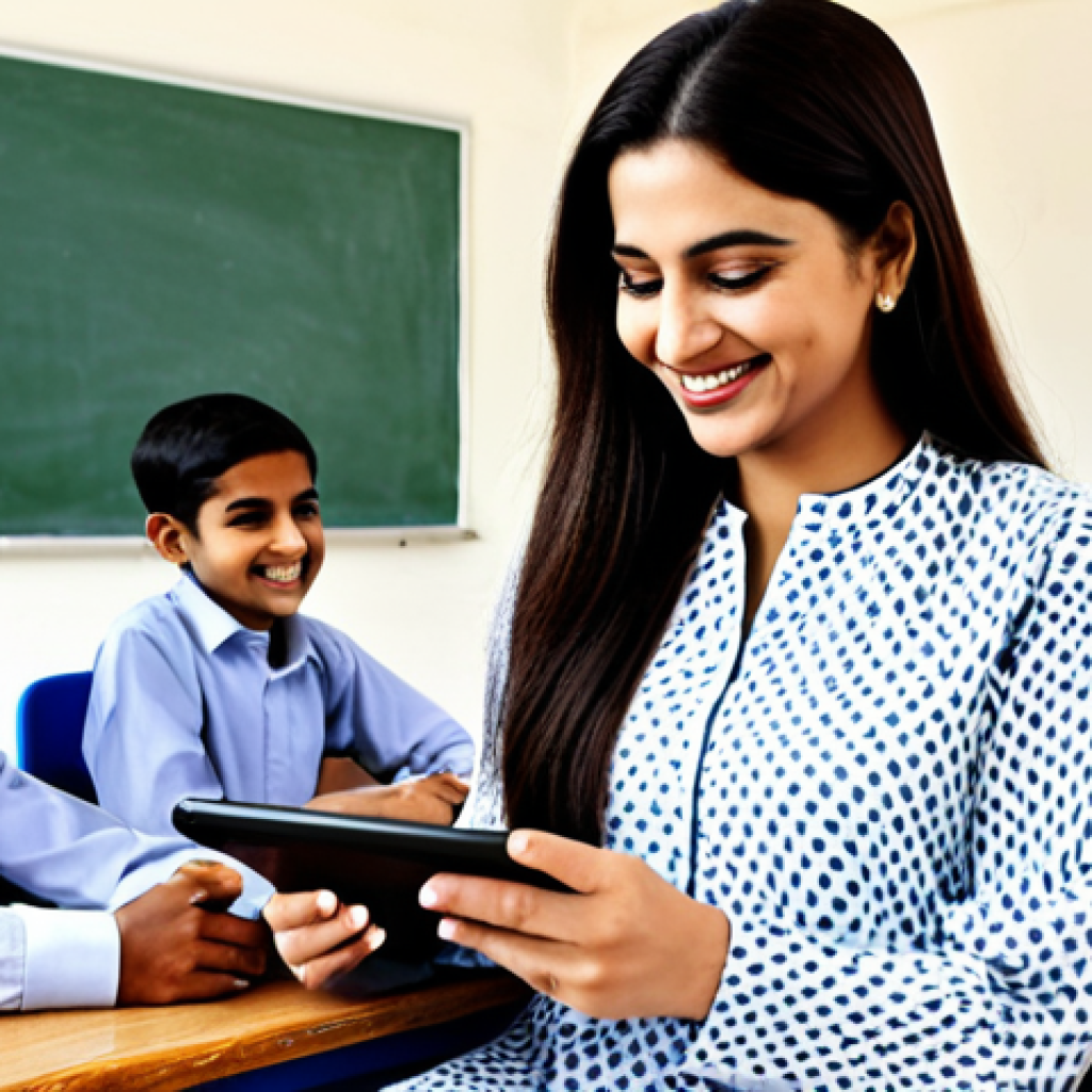**

"A professional female teacher in Pakistan, fully clothed in a modest shalwar kameez, smiling warmly in a modern classroom setting, interacting with students using a tablet. Safe for work, appropriate content, family-friendly, perfect anatomy, correct proportions, natural pose, well-formed hands, proper finger count, professional, high quality."

**