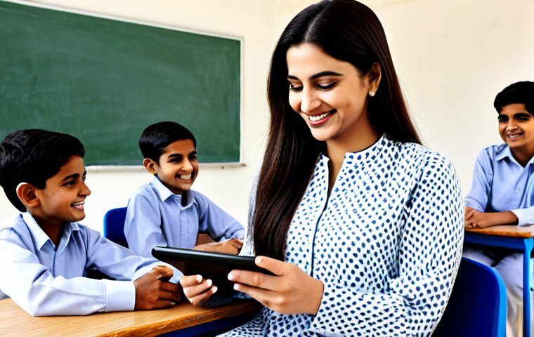 **

"A professional female teacher in Pakistan, fully clothed in a modest shalwar kameez, smiling warmly in a modern classroom setting, interacting with students using a tablet. Safe for work, appropriate content, family-friendly, perfect anatomy, correct proportions, natural pose, well-formed hands, proper finger count, professional, high quality."

**