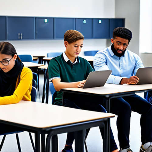 Home 24 에듀테크로 인한 학습 방법 변화 - **
"A diverse group of students using tablets and laptops in a modern classroom setting, fully clot...