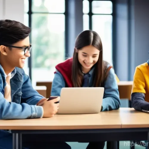 Home 22 에듀테크 플랫폼의 사용자 경험 개선 방안 - **Prompt:** "A diverse group of cheerful students, aged 15-25, are actively engaged with an educatio...