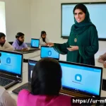 Home 15 2023년 에듀테크 투자 유망 분야 - A modern Pakistani classroom scene showcasing a diverse group of students attending an interactive o...