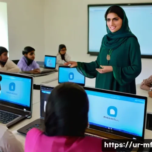 Home 9 2023년 에듀테크 투자 유망 분야 - A modern Pakistani classroom scene showcasing a diverse group of students attending an interactive o...