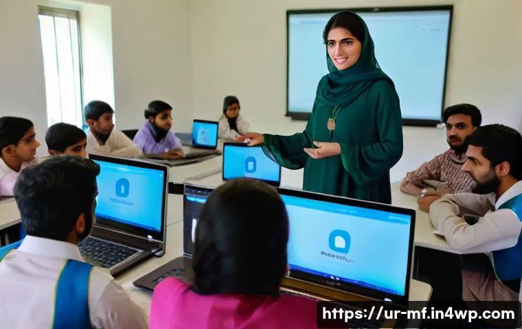 2023년 에듀테크 투자 유망 분야 - A modern Pakistani classroom scene showcasing a diverse group of students attending an interactive o...