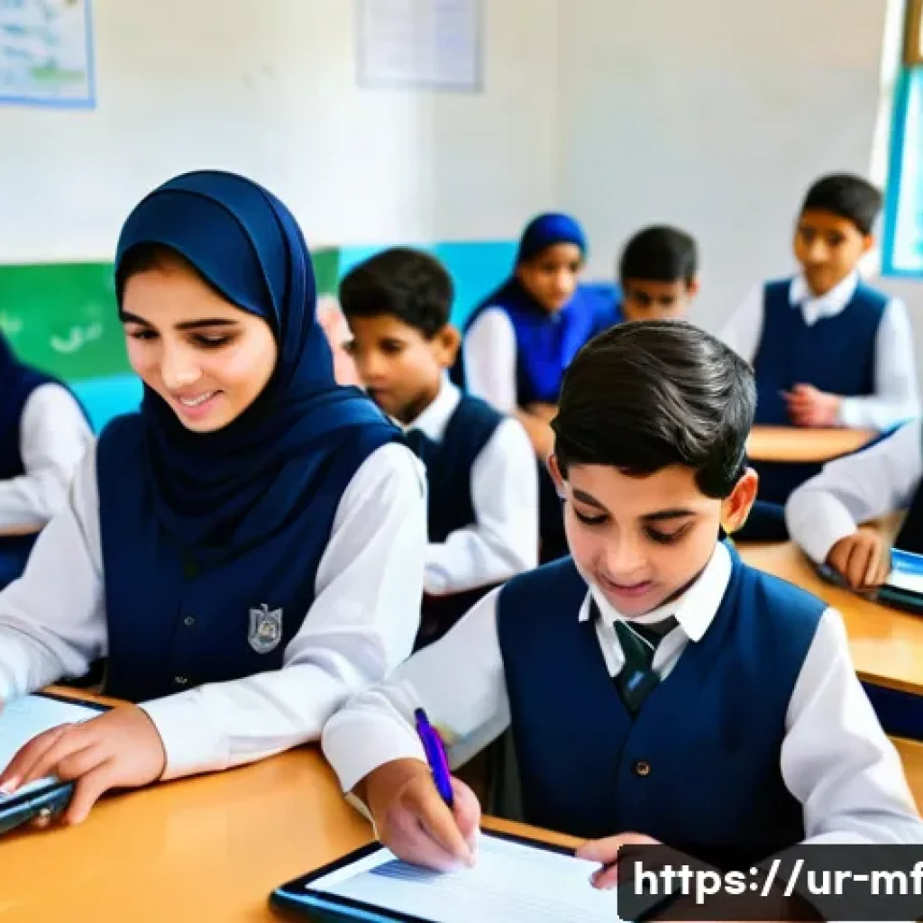 에듀테크와 글로벌 협력 사례 - A vibrant classroom scene in a modern Pakistani school featuring diverse students using tablets and ...