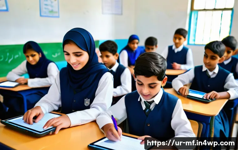 에듀테크와 글로벌 협력 사례 - A vibrant classroom scene in a modern Pakistani school featuring diverse students using tablets and ...