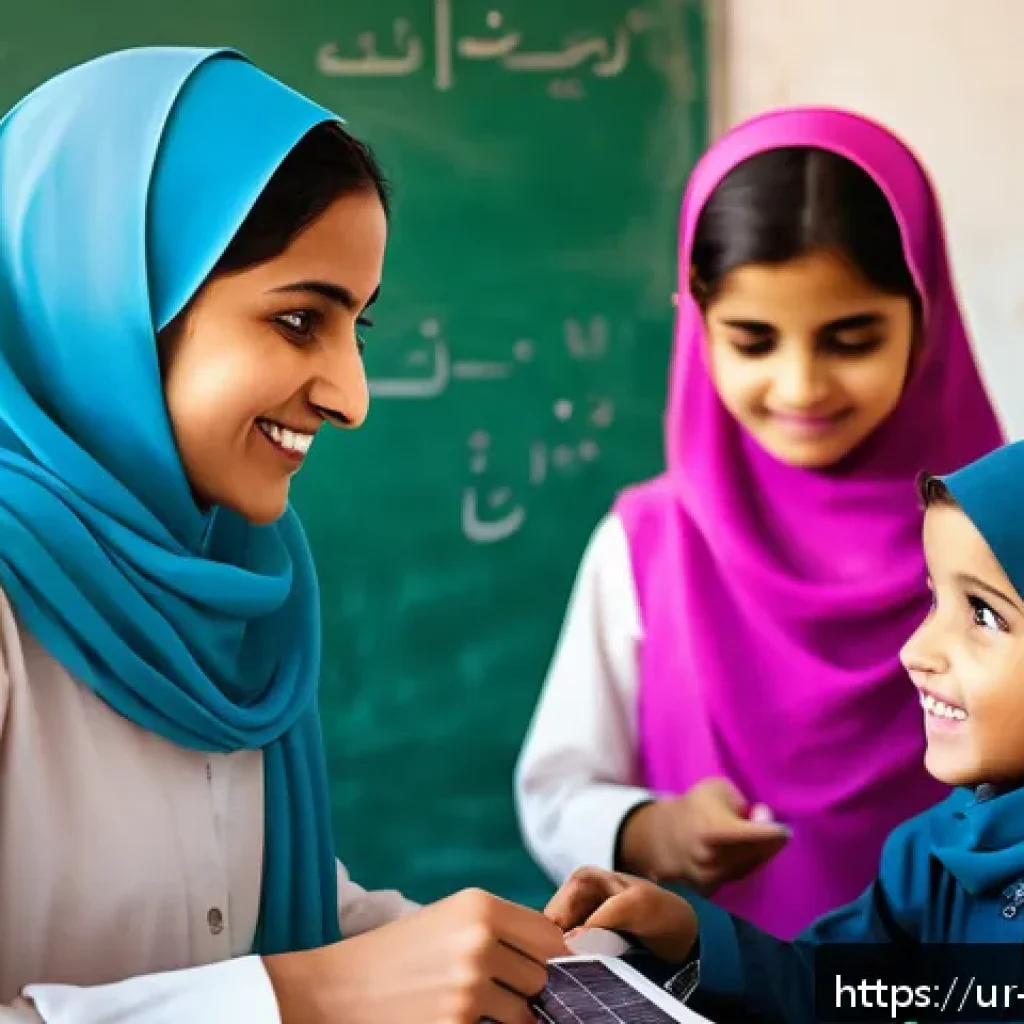 에듀테크의 사용 사례 탐색 - A modern digital classroom scene set in a rural Pakistani village, showing diverse students of vario...