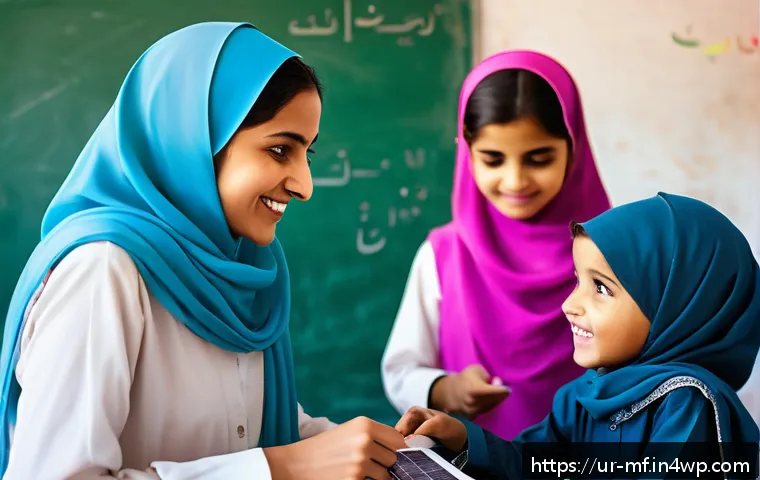 에듀테크의 사용 사례 탐색 - A modern digital classroom scene set in a rural Pakistani village, showing diverse students of vario...