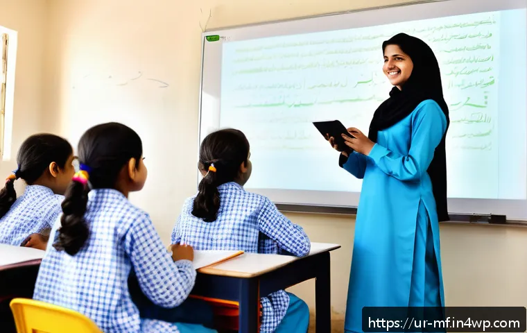 에듀테크의 미래에서의 학습 방식 변화 - A vibrant classroom scene in a modern Pakistani school where students of diverse ages are engaged in...